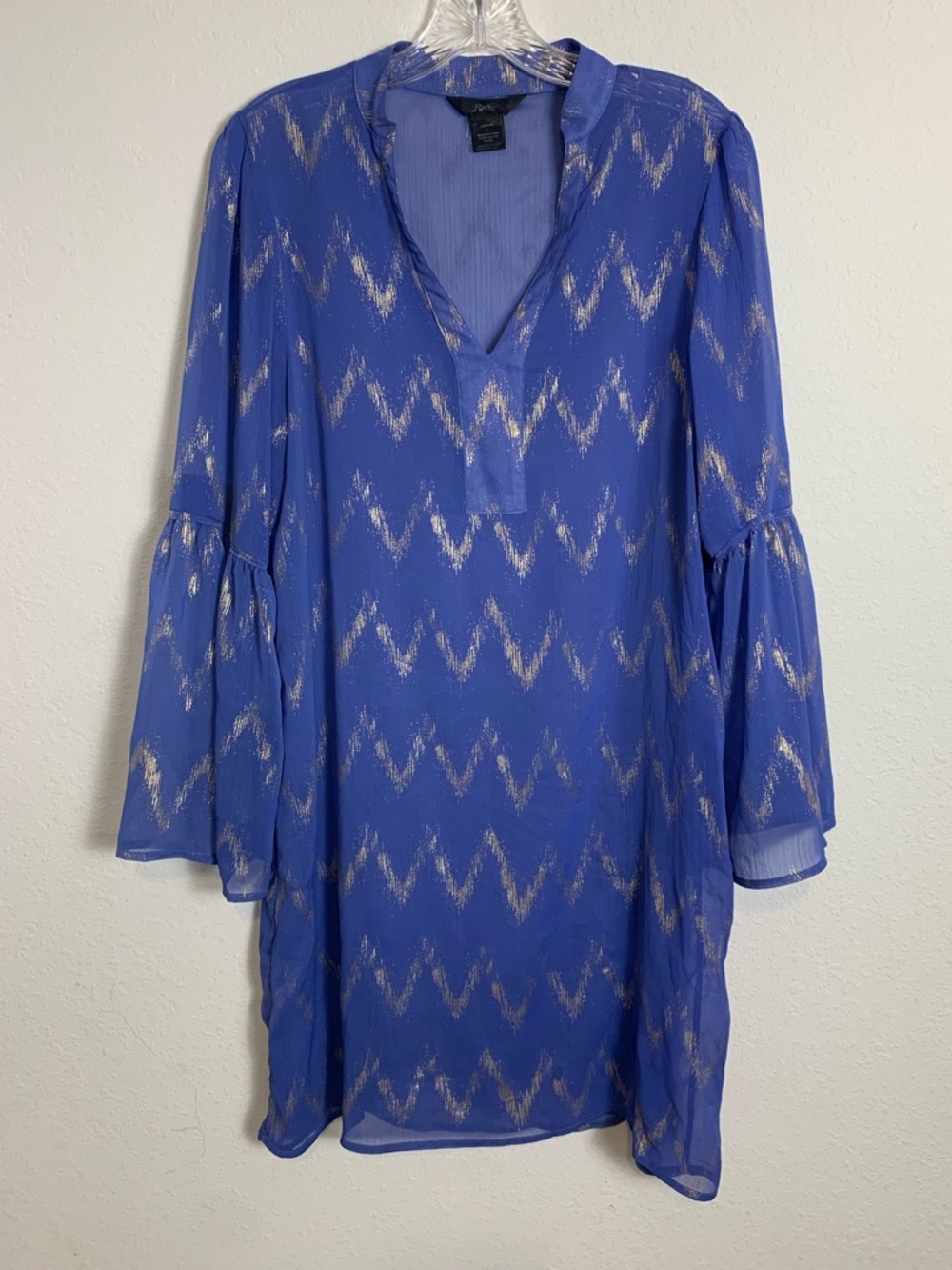 Rock 47 Blue Bell Sleeve V-Neck‎ Shift Dress Tunic Metallic Detail Chiffon Large